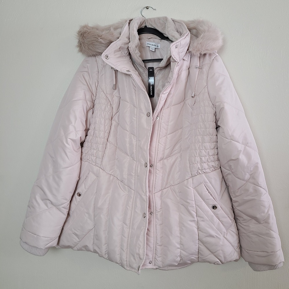 Susan Graver Women L Beige Quilted Puffer Coat Removable Faux Fur Hood A284170